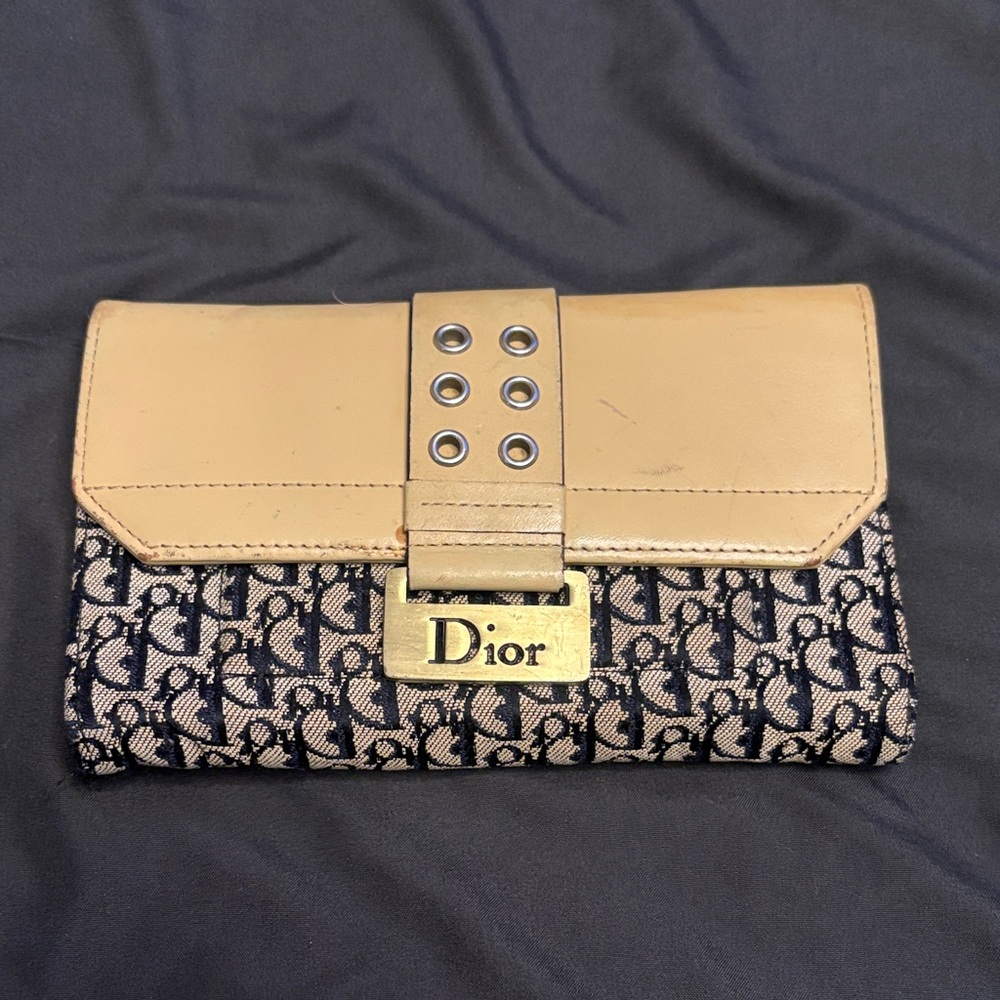 Vintage Beige and Black Wallet with Gold Accents